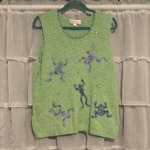 Susan Bristol Sparkly Green Sweater with Blue Frog Design Size XL